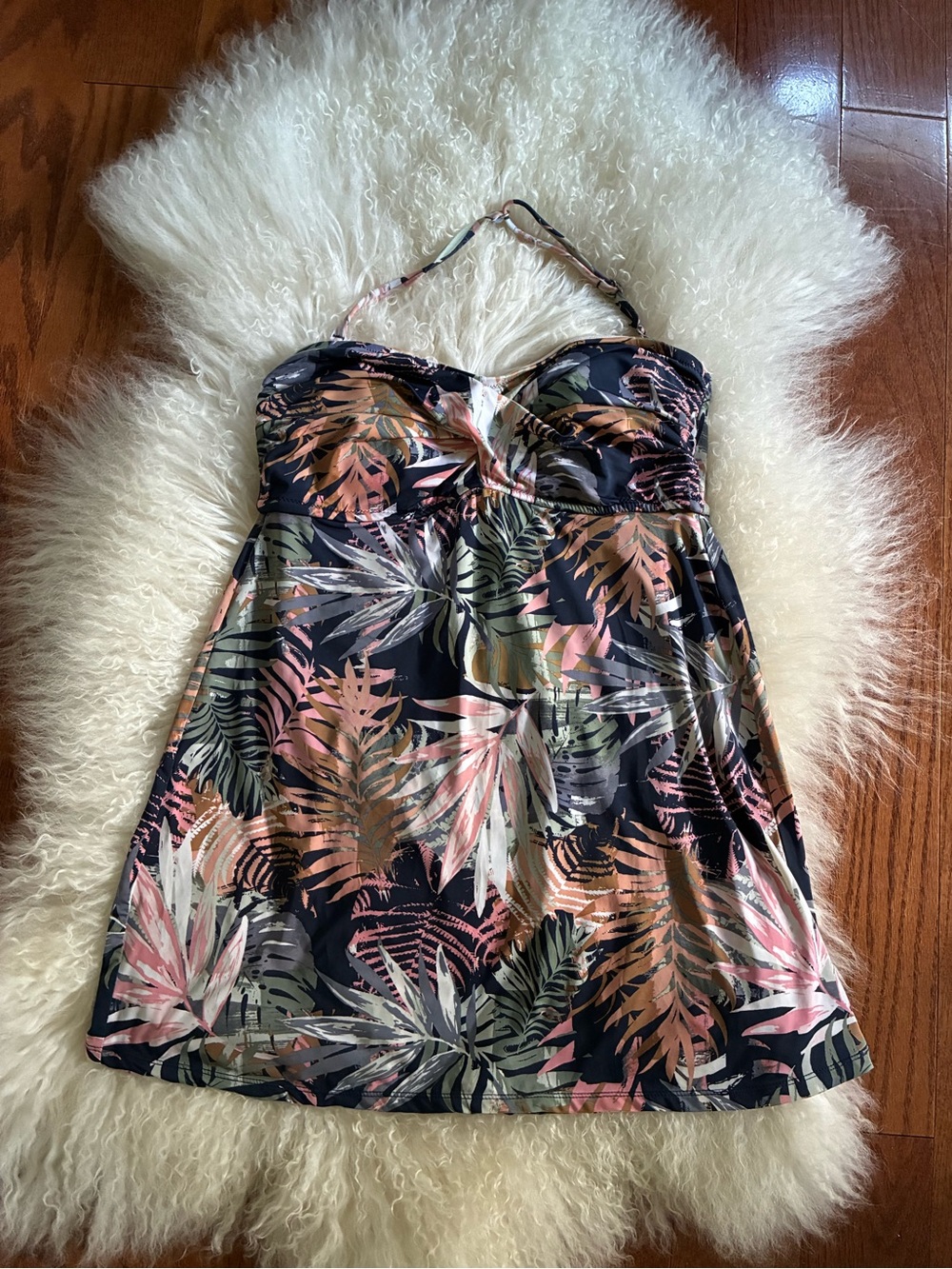 Garnet Hill Tropical Leaf Print One-Piece Swimdress in Black, Pink, Green